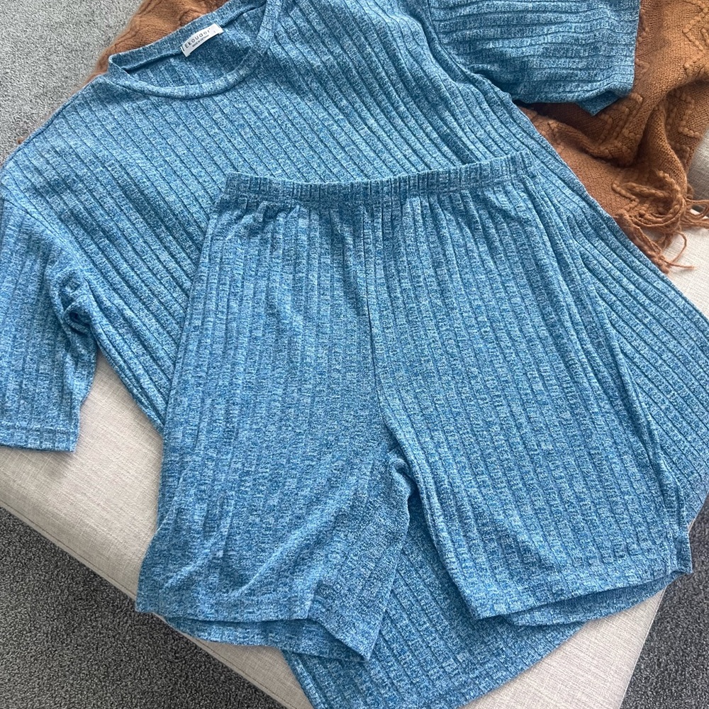 Blue Ribbed Knit Lounge Set